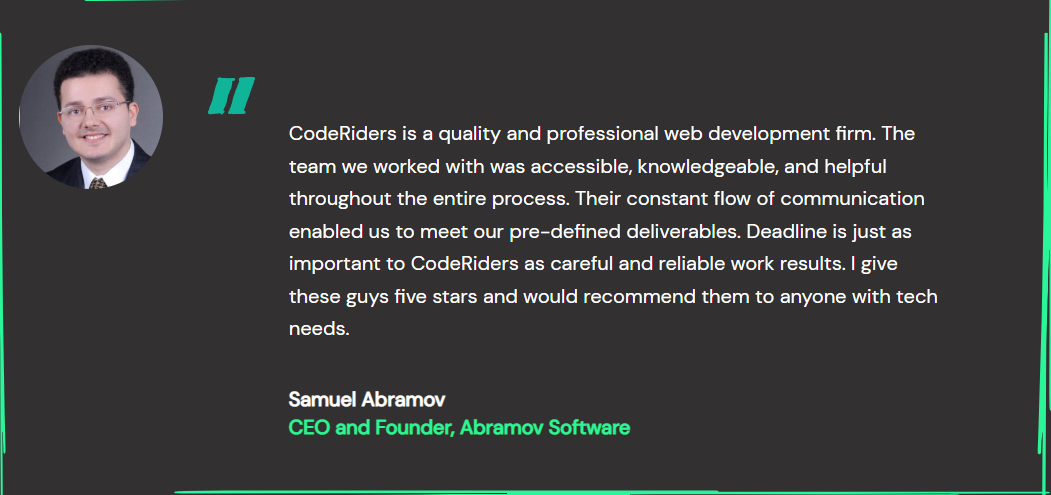 Abramov software is a computer software company that hired CodeRiders to upgrade an already existing E-commerce solution A software developer from CodeRiders worked on an existing e-commerce solution ofr Abramov software company