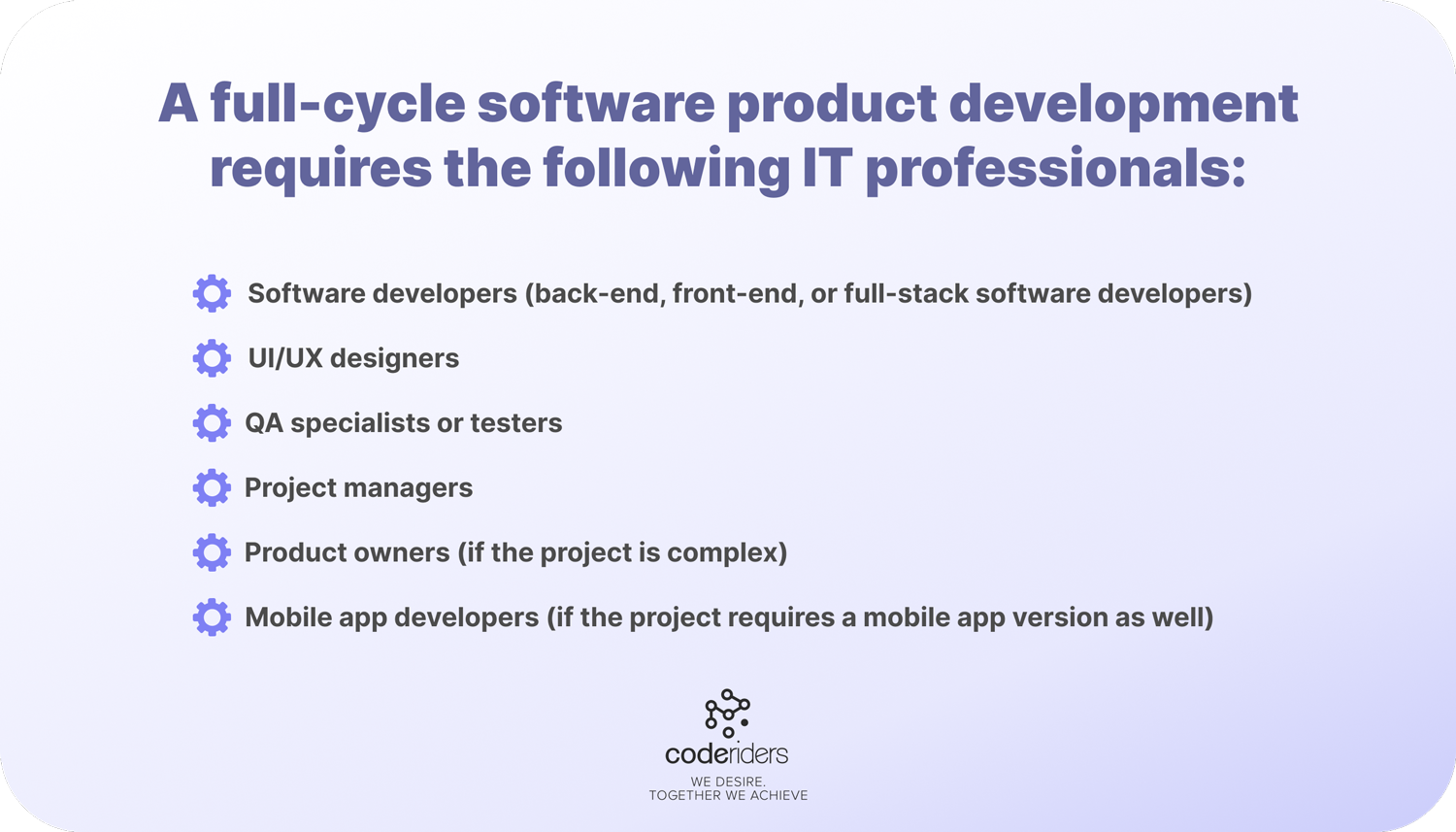 The IT professionals included in a full cycle software outsourcing Here are the major IT professionals stakeholders should hire for a full cycle software development outsourcing A full cycle software development outsourcing requires hiring various IT professionals starting from front end and back end developers, designers to QA specialists